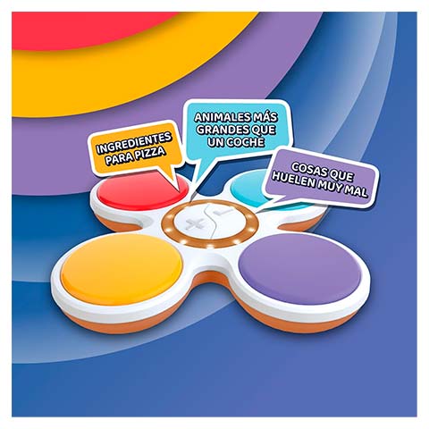 Colorful three-pad fidget spinner with three speech bubbles reading Spanish prompts: 'Ingredientes para pizza', 'Animales más grandes que un coche', 'Cosas que huelen muy mal'.