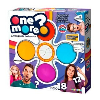 Front of a colorful 'One More' board game box with circular spaces for pieces, kids' faces, and Spanish prompts like '¿Quién puede decir más?'.