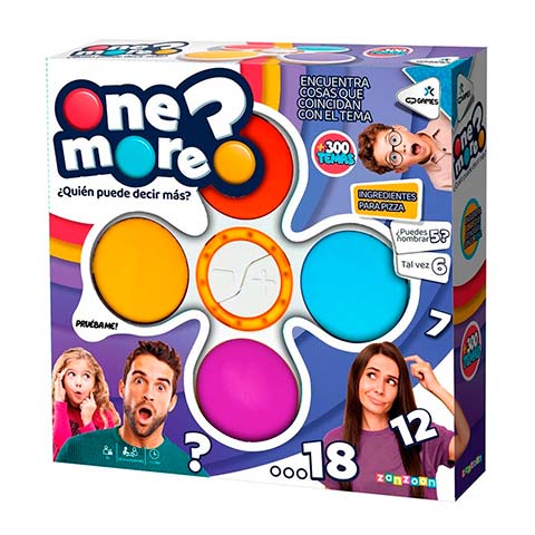 Front of a colorful 'One More' board game box with circular spaces for pieces, kids' faces, and Spanish prompts like '¿Quién puede decir más?'.