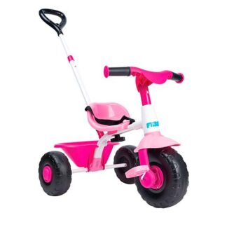 Pink children's tricycle with a white push handle and pink accents, three big wheels, and a small pink seat bucket behind the rider.