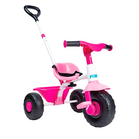 Pink children's tricycle with a white push handle and pink accents, three big wheels, and a small pink seat bucket behind the rider.