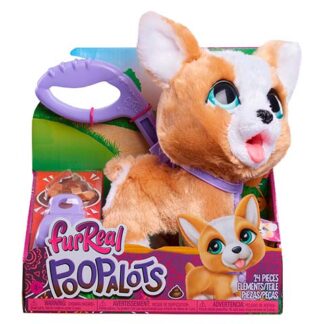 Plush orange-and-white fox toy in a purple harness inside a colorful FurReal packaging with a small fox figure and '24 pieces' label.