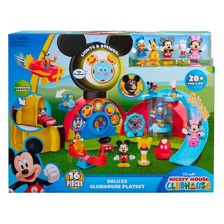 Box for Mickey Mouse Clubhouse Deluxe Playset with colorful clubhouse and figures, featuring lights and sounds and a slide area.