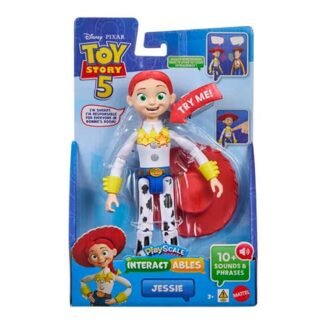 Toy Story 5 Jessie action figure in blue packaging with interactive features; packaging shows '10+ sounds & phrases' and a red hat.