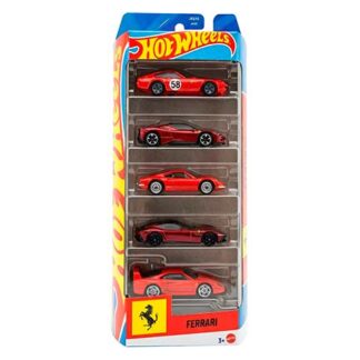 Five red Ferrari die-cast toy cars in a Hot Wheels blister pack, stacked in a vertical display inside the package on a blue and yellow carded wrapper.