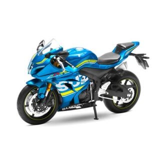 Blue sport motorcycle with yellow decals, standing on its kickstand against a white background.