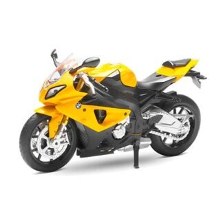 Yellow sport motorcycle with black accents, standing on its kickstand on a white background (BMW logo visible).
