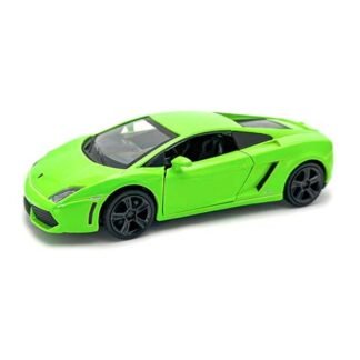Bright green toy sports car model with black wheels, viewed from the side.