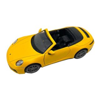 Yellow convertible sports car viewed from above with the top down, exposing a black interior.