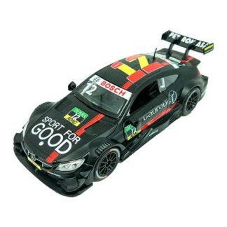 Black race car with red and yellow racing stripes, sponsor logos, number 12 on the windshield, and a large rear wing from an overhead view.