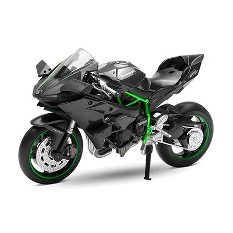 Black sport motorcycle with neon green frame accents displayed on a white background, parked on its kickstand
