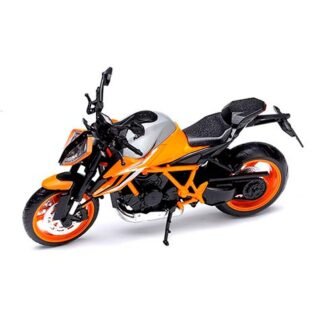 Orange sport motorcycle with a black frame and silver tank on a white studio backdrop, viewed from a three-quarter front angle.