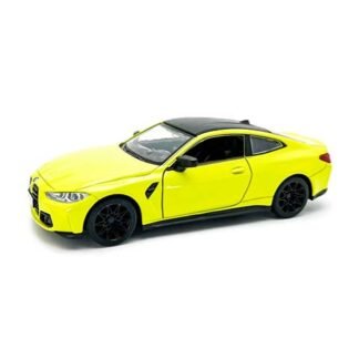 Yellow sports coupe with a black roof and dark wheels on a white background.