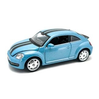 Blue toy sports car model with black racing stripes on a white backgroundg