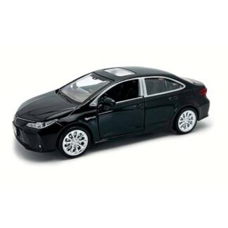 Scale model black sedan car shown from an elevated angle on a white background.