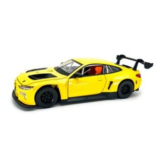 Yellow toy race car with black hood stripe and large rear spoiler on white background (side view)