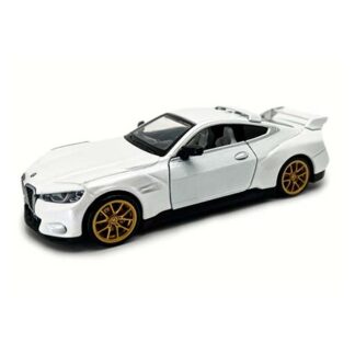 White sports car toy model with gold wheels, viewed from a front-right three-quarter angle.