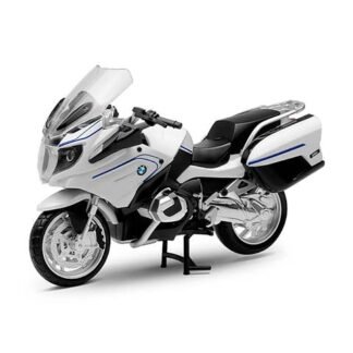 Front-left view of a white BMW touring motorcycle with a windshield and side/top cases on its center stand
