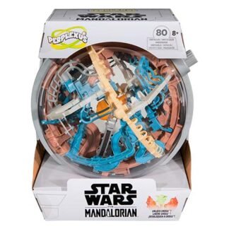 Star Wars Mandalorian Perplexus puzzle toy in packaging, a circular marble maze with blue and tan tracks visible inside the clear sphere.