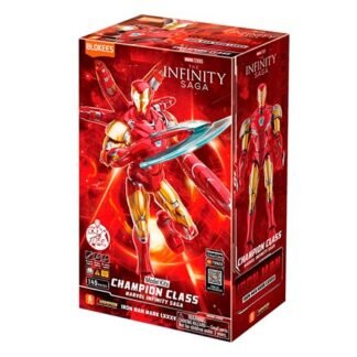 Boxed Iron Man model kit from Marvel Infinity Saga, Champion Class, red-gold armor with swords illustration on packaging