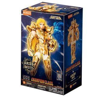 Saint Seiya Aries Mu Champion Class action figure box with a gold armored figure on a blue starry backdrop.