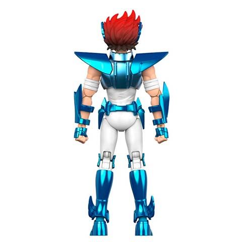 Back-view of a blue armored action figure with spiky red hair, standing with arms at sides