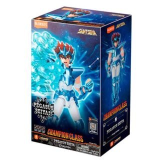 Box packaging for a Saint Seiya Pegasus Seiya Champion Class action figure, blue armor, front and side artwork visible.