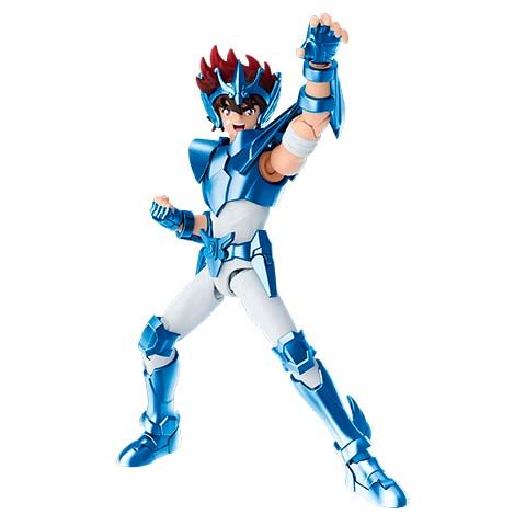 Blue armored action figure in dynamic fighting pose, fists raised, white and blue suit with red hairpiece (toy/styled figure).