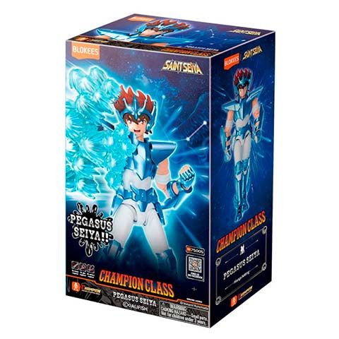 Box packaging for a Saint Seiya Pegasus Seiya Champion Class action figure, blue armor, front and side artwork visible.