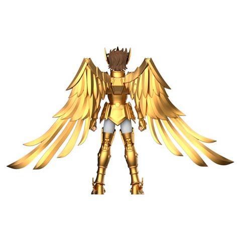 Back view of a fantasy knight in full gold armor with oversized golden wings.