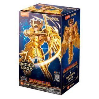 Saint Seiya Sagittarius Aiolos Champion Class action figure in gold armor, boxed with blue cosmic artwork.