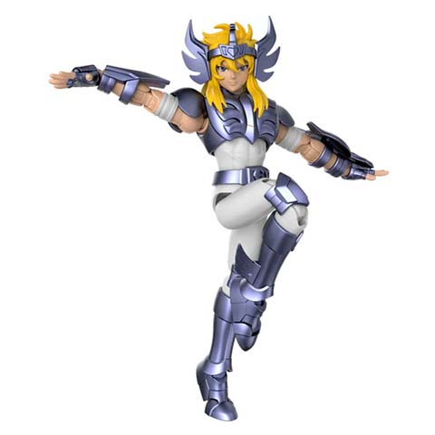 Fantasy armored warrior with yellow hair executing a high kick of action pose of a knight in purple armor