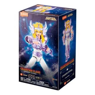Box for Saint Seiya Champion Class Cygnus Hyoga action figure; front and side views show Hyoga in silver-blue armor against a starry background, packaging text visible.