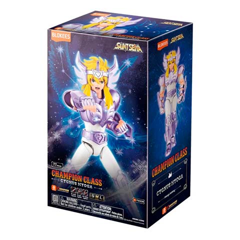 Box for Saint Seiya Champion Class Cygnus Hyoga action figure; front and side views show Hyoga in silver-blue armor against a starry background, packaging text visible.