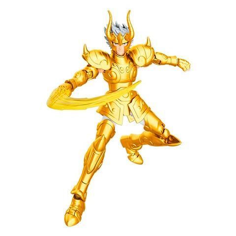 Gold armored warrior in dynamic fighting pose wielding a curved blade on a white background