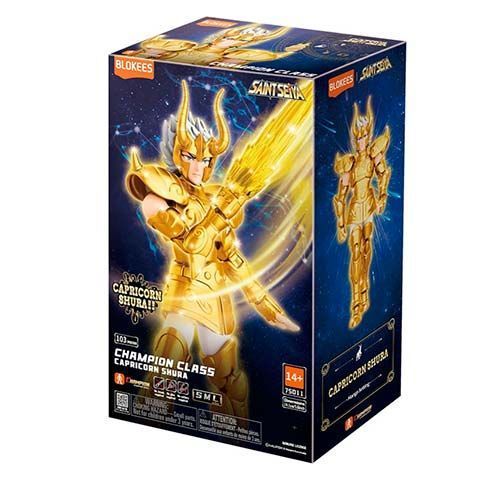 Gold Saint Seiya Champion Class Capricorn Shura figure in blue starry packaging box, showing the armored figure.