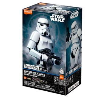 Box for a Star Wars Stormtrooper model kit (Champion Class, 89 pieces) featuring a white-armored stormtrooper wielding a blaster; brand: Blokees.