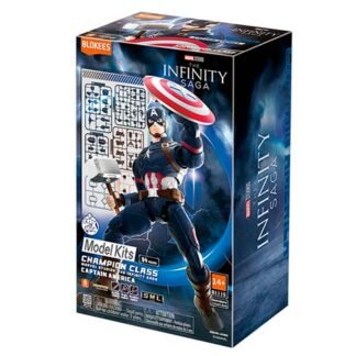 Box for The Infinity Saga Captain America model kit, showing Captain America mid-leap with shield and assembly sprues on the left.