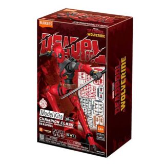 Box for a Marvel Deadpool Wolverine model kit featuring a red-suited Deadpool figure with swords on the packaging surface.