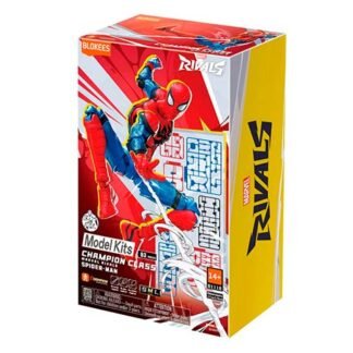 Box for a Spider-Man model kit with dynamic red artwork and a yellow side panel, branding shows 'Rivals' and 'Model Kits' label on the front.