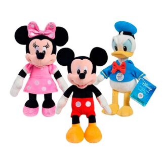 Three Disney plush toys: Minnie Mouse in a pink dress with a bow, Mickey Mouse in red shorts, and Donald Duck in a blue sailor outfit.