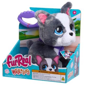 FurReal Walkalots toy puppy in blue packaging, gray and white fur with blue eyes, purple collar, 4+ age label