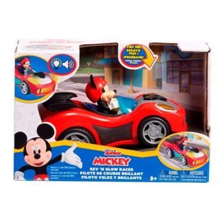 Red toy car with Mickey Mouse driving, shown inside a blue-and-yellow box featuring Disney branding and product illustrations.