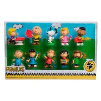 Peanuts character collectible figure set displayed in a window package, features Charlie Brown, Snoopy, Lucy, Linus and friends with a 75th anniversary badge and Peanuts logo