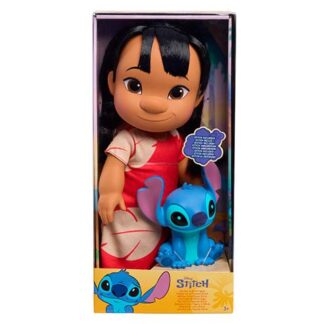 Doll in packaging with a small blue Stitch plush toy beside her inside a yellow box.