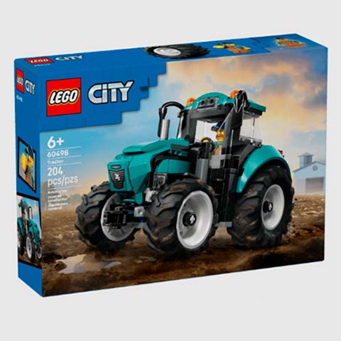 LEGO City tractor set box featuring a teal tractor on a dirt field; set 60498, ages 6+, 204 pieces, LEGO City logo visible.