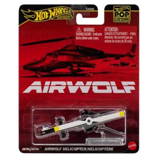 Hot Wheels Air Wolf helicopter toy in red packaging with AIRWOLF text and helicopter graphic, date included as part of packaging art.