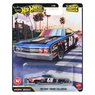Hot Wheels Premium packaging featuring a blue 1969 Ford Torino Talladega race car with number 68 on a palm-tree backdrop.