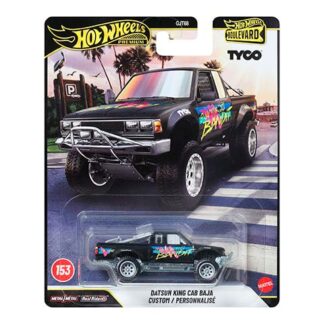 Hot Wheels Premium packaging showing a black Datsun King Cab Baja Bandit pickup with a small matching die-cast car inside the blister