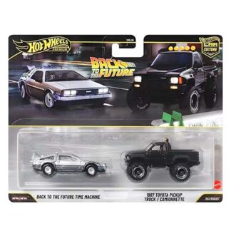 Hot Wheels Back to the Future Time Machine blister pack with a silver small car and a black lifted pickup truck.